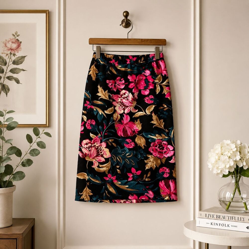 Women's Black Floral Pull-On Midi Skirt | Pink & Teal Botanical Print Size Small